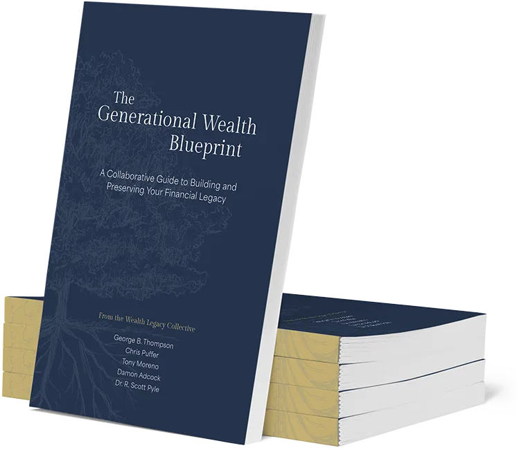 Blue hardcover book titled 'The Generational Wealth Blueprint' leaning against a stack of gold-edged volumes.